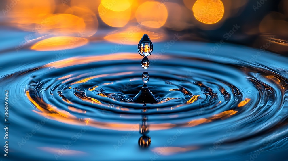 Fototapete Water droplet falling into water creating ripples with bokeh background for environmental concept and imagery use