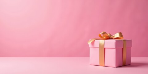 A Delicate Pink Gift Box with a Golden Ribbon on a Matching Background