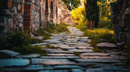 Tranquil Pathway Through Historic Stone Ruins in Nature's Embrace