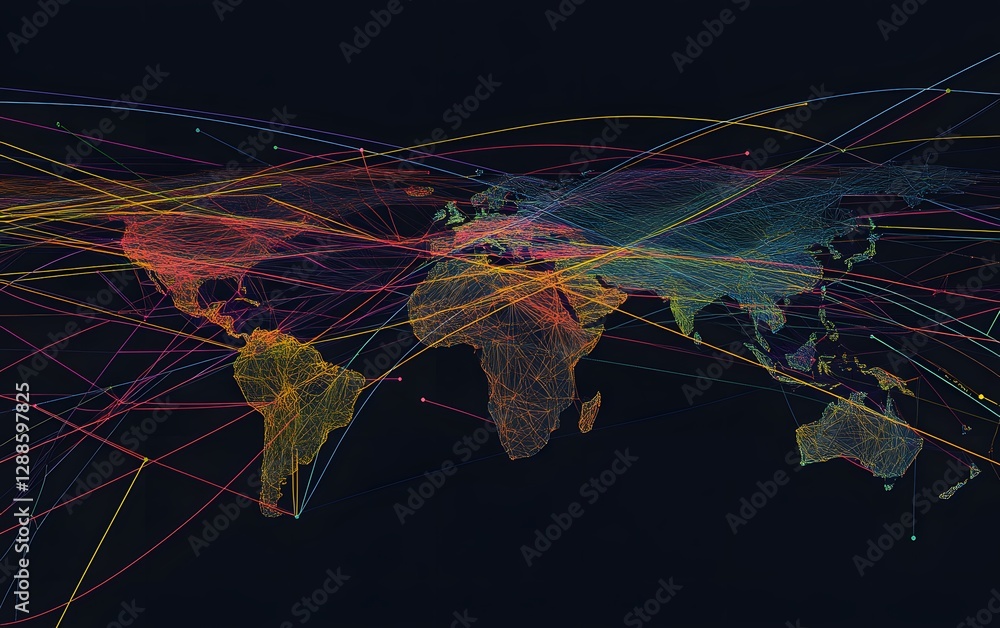 Poster abstract world map with colorful lines representing global connectivity and digital communication. p