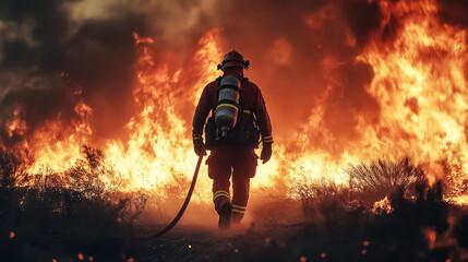 Naklejka premium A dramatic scene of a firefighter silhouetted against the roaring flames of a wildfire, holding a hose and battling the inferno