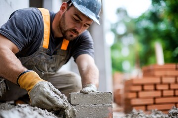 A craftsman is applying mortar to a brick at a construction site, exemplifying dedication and skill in masonry work, contributing to the creation of durable structures.