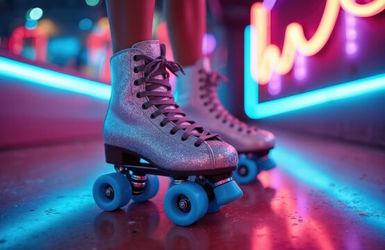 Dazzling silver glitter roller skate on retro rink floor illuminated by neon lights. Shiny skating disco sport equipment for fun leisure hobby recreation, vibrant nightlife entertainment. Active - Powered by Adobe