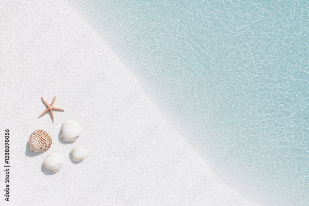 Poster seashells and starfish on the shore: a starfish and collection of seashells rest on the pristine, so