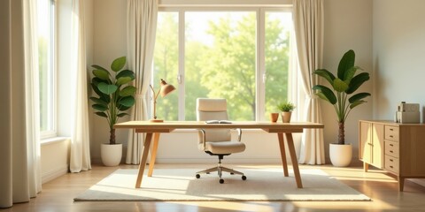 Bright home office with large window, wooden desk, comfortable chair, and potted plants