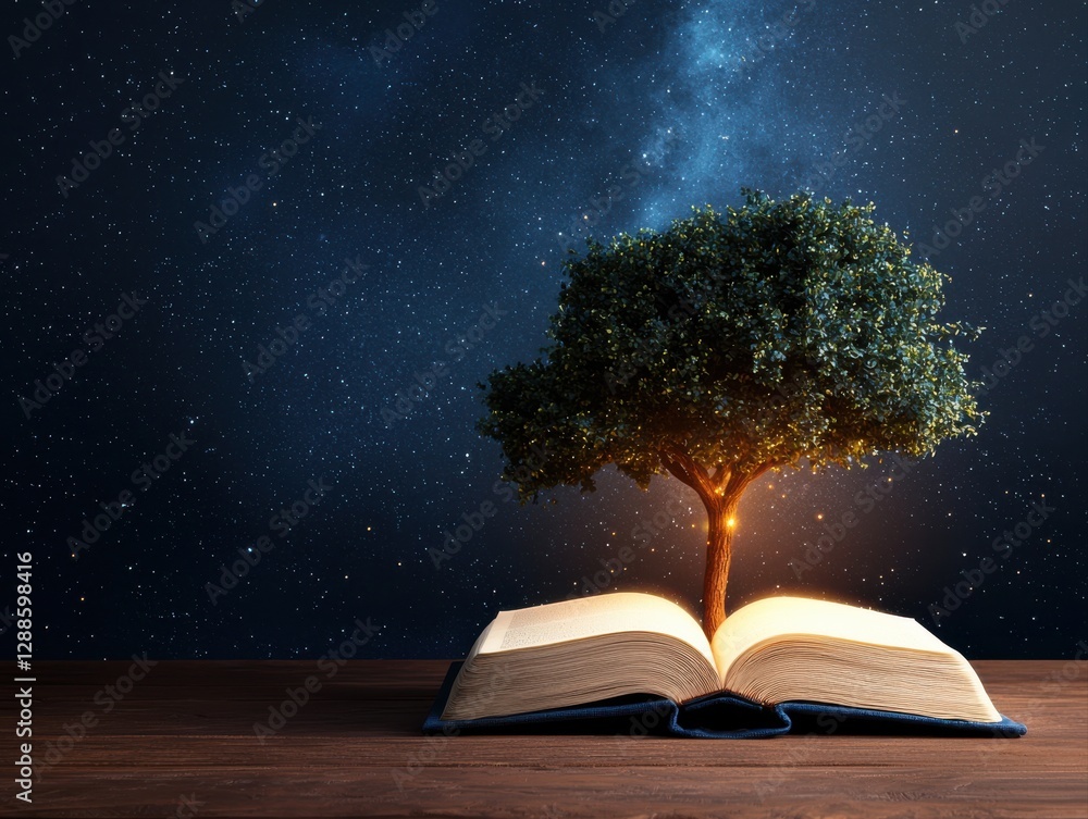 Poster a glowing tree emerges from an open book, symbolizing knowledge, growth, and the connection between 