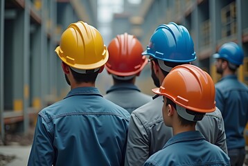 Construction Workers in Safety Helmets Collaborating Inside a Large Industrial Warehouse