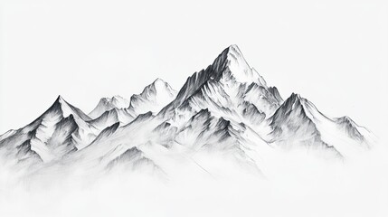 Hand drawn sketch of a mountain range with snow-covered peaks and misty slopes in monochrome style