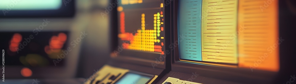 Poster close-up of vintage computer screens displaying various colorful graphs and data. perfect for illust