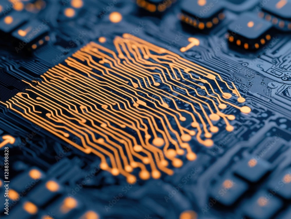 Poster a detailed close-up of a circuit board featuring intricate patterns of copper traces against a dark 