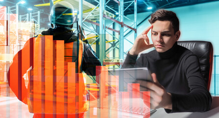 Logistics industry crisis. Falling graph near businessman. Logistics warehouse employee back to...