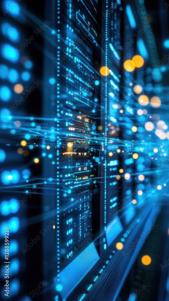Poster data flow in a server room with glowing lights
