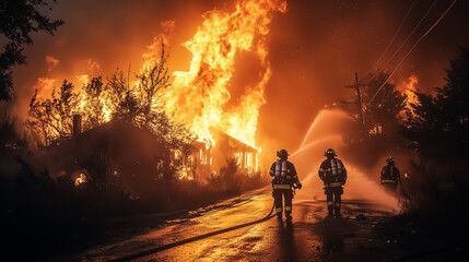 A dramatic shot of firefighters opening a hydrant, with water spraying against the fiery backdrop of a house fire