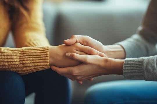 close-up of hands holding during a supportive conversation, symbolizing connection and empathy, together