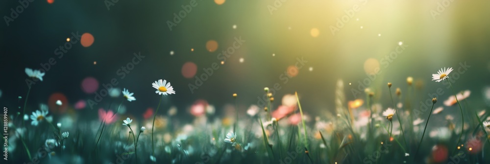 Poster blooming wild daisies fill a summer meadow during sunset, with enchanting bokeh lights enhancing the