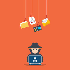 Hacker with laptop computer stealing confidential data, personal information and credit card detail. Hacking concept.