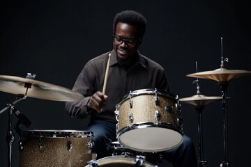 jazz drummer diverse black man playing a smooth rhythm on a sleek drum set, live music show at jazz club