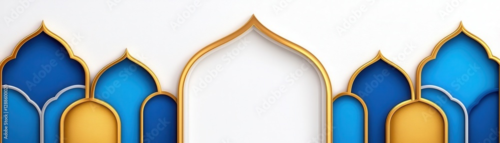 Poster a vibrant design featuring blue and gold architectural arches, creating an elegant backdrop with a c