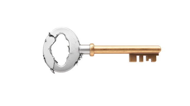 Unlocking potential, a metal key against dreamy blue and green gradient backdrop