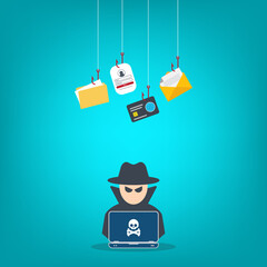 Hacker with laptop computer stealing confidential data, personal information and credit card detail. Hacking concept.