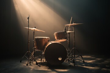 drum set in a studio environment, illuminated by soft spotlight, with drumsticks resting on the snare, cinematic light. drumming class hobby.