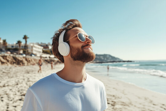 Young man with sunglasses and headphones, enjoying music on a beach with a bright sky.
 - Powered by Adobe