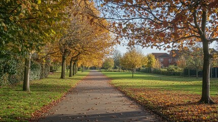 Fototapeta premium Serene Autumn Walkway Surrounded by Colorful Leaves and Trees