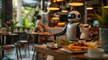 Robot Assistant in Modern Cafe Serving Delicious Food with Cozy Atmosphere and Bright Lighting