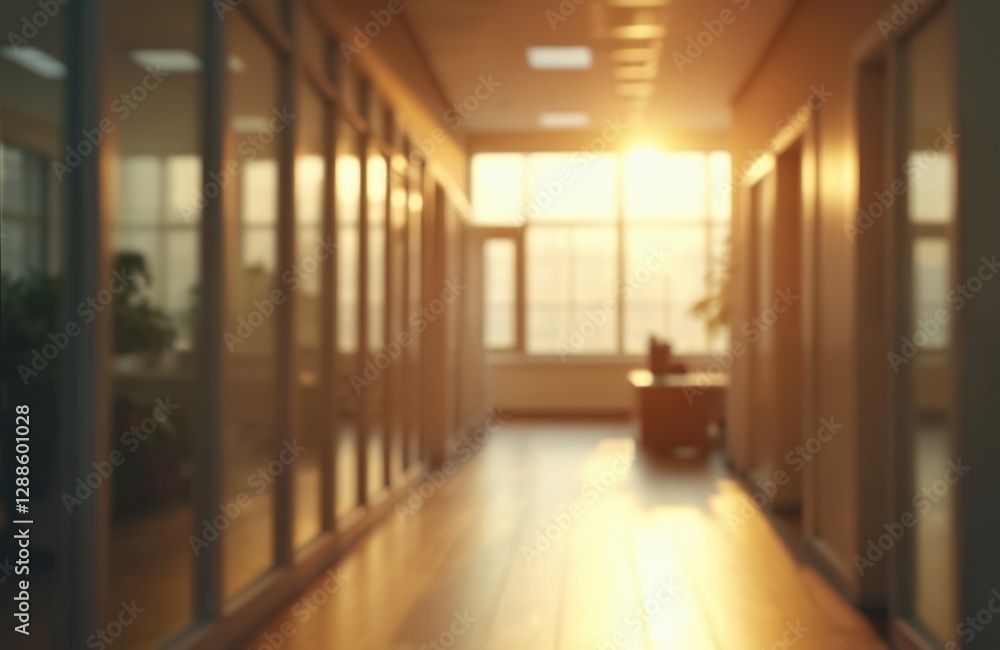 Poster sunlit blurred office interior with warm light, bokeh. rays through windows create ambient, calm sce