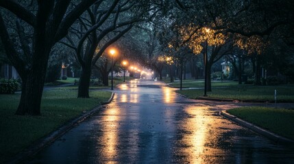 Tranquil Night Street Scene with Glowing Lights and Rain Reflections