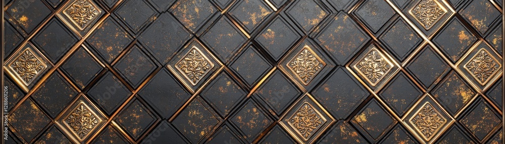 Poster a textured surface featuring a geometric pattern of dark tiles with ornate golden accents, creating 