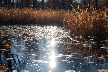 Sun reflecting on calm autumn pond.