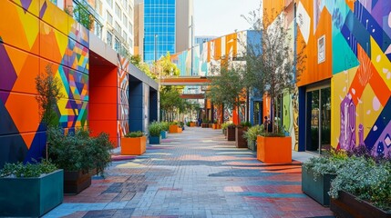 Fototapeta premium Vibrant Urban Alleyway with Colorful Murals and Green Planters