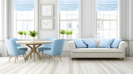 Bright and Modern Living Room with Blue Furniture and Natural Light from Large Windows