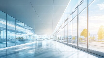Modern glass corridor, city view, empty, sunlight, spacious, office, architecture, design, real estate, presentation
