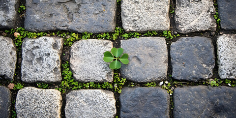 Clover Between Cobblestones, Four Leaf Clover Nature Photography, Lucky Clover Image for St. Patrick's Day, Urban Nature Scene