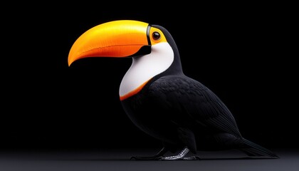 A vibrant toucan with a striking beak showcases tropical beauty in dark surroundings.