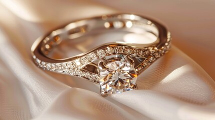 Close up of a luxurious white gold or silver engagement ring adorned with diamonds highlighting exquisite details of female wedding accessories
