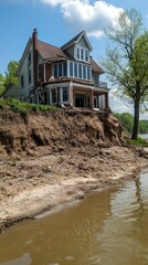 Damaged house, eroded bank, river water.