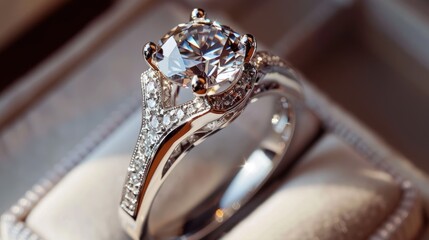 Close up of a luxurious white gold or silver engagement ring adorned with diamonds highlighting exquisite details of female wedding accessories