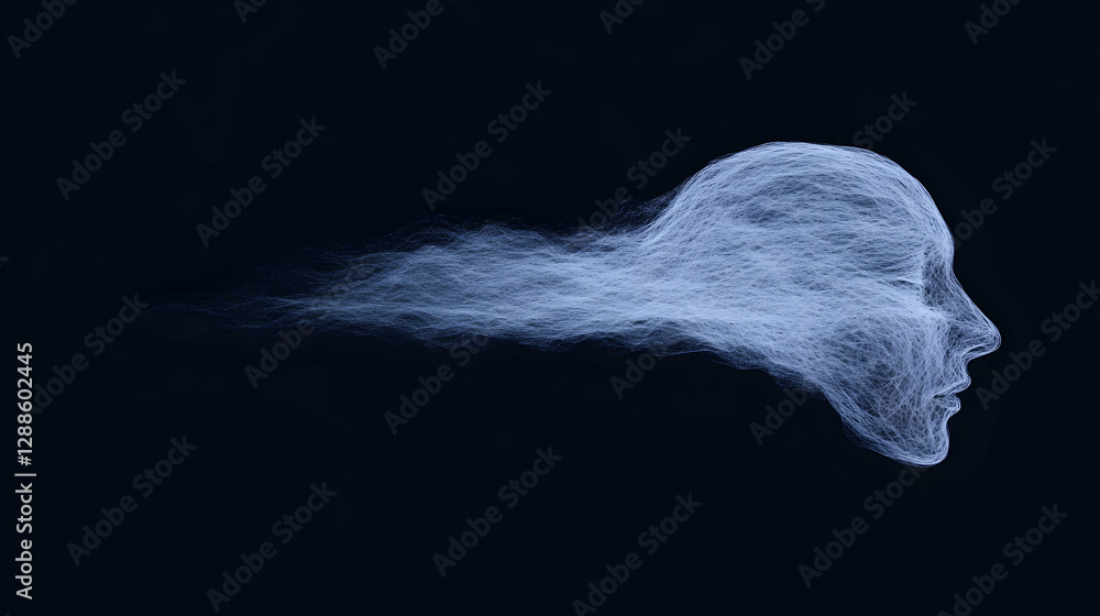 Poster digital particles streaming through translucent human profile, visualizing neural networks, consciou