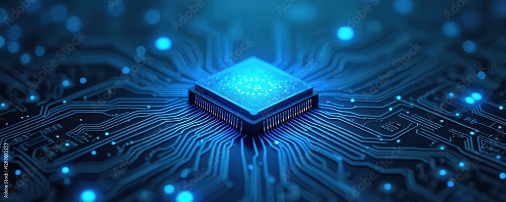 Leinwandbilder AI processor chip on blue tech circuit board background. Computer technology electronic digital motherboard hardware design pattern engineering industry electrical network microchip science concept.
