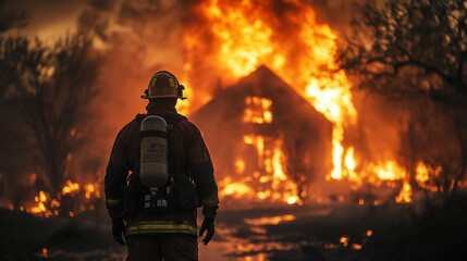 Naklejka premium A firefighter standing in front of a burning house, illuminated by the intense glow of the flames