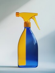 Yellow and blue spray bottle with modern design on neutral background