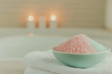 Relaxing bath scene featuring colorful bath salts in serene envi
