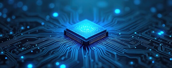 AI processor chip on blue tech circuit board background. Computer technology electronic digital motherboard hardware design pattern engineering industry electrical network microchip science concept.