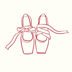Hand drawn ballet shoes with pink ribbon line art