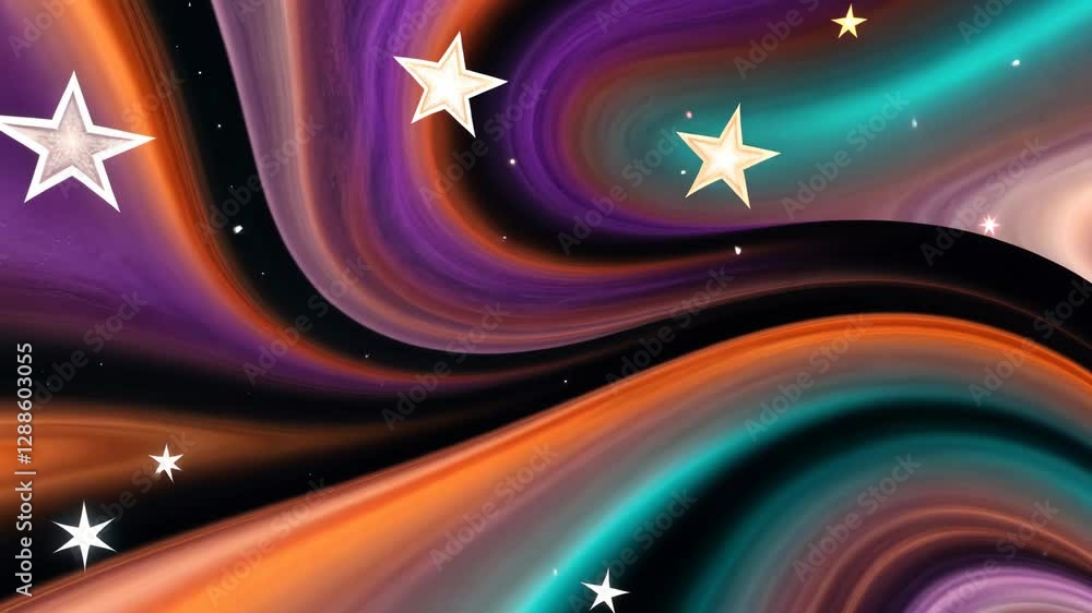 Poster a colorful swirl of purple, orange, and blue with stars in the middle. the stars are in different si