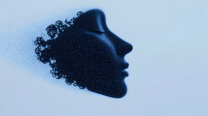 Tiny particles forming a human face dissolve into the background, evoking mystery, dreams, and imagination for projects in psychology, AI, and spirituality