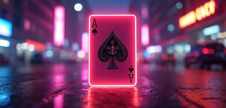 Neon ace of clubs card glows in night cityscape. Playing card stands out with pink light, reflects vibrant urban scene on wet surface. Futuristic design integrates gambling, luck, nightlife themes.